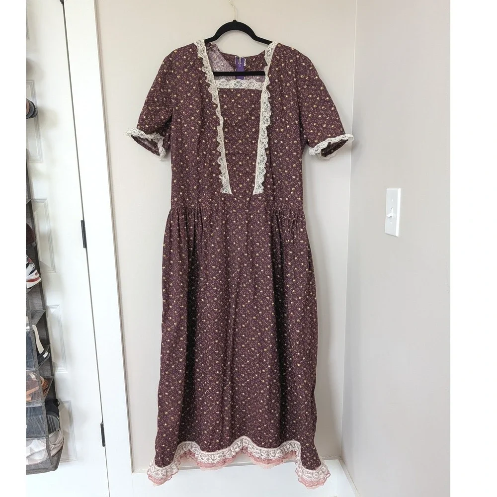 Vintage Plum Floral Calico Prairie Midi Dress Lace Trim Cottagecore XL Handmade - Picture 2 of 14